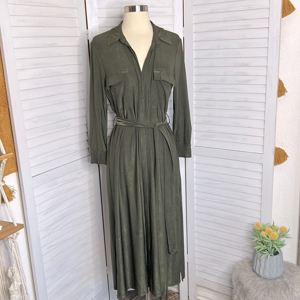 L'AGENCE l Cameron Belted Crinkled Satin Side Slits Shirt Dress Clover Green S